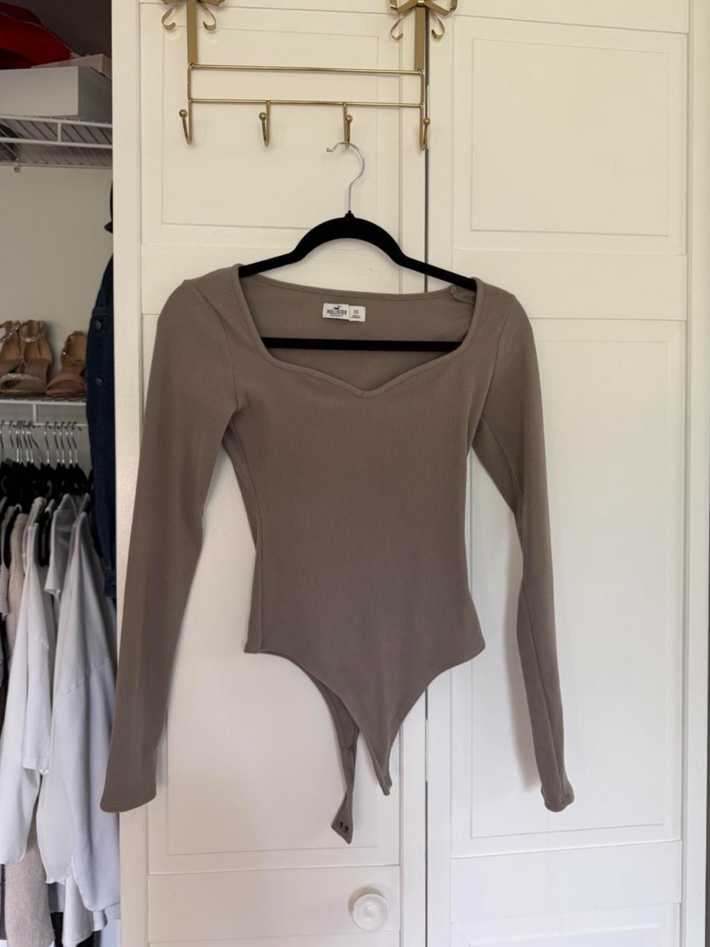 Ribbed Long-Sleeve Bodysuit in Taupe - Size XS